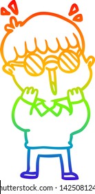 rainbow gradient line drawing of a cartoon happy boy wearing spectacles
