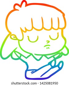 rainbow gradient line drawing of a cartoon indifferent woman sitting