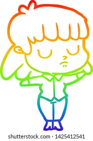 rainbow gradient line drawing of a cartoon indifferent woman