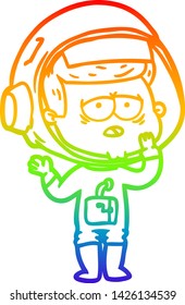 rainbow gradient line drawing of a cartoon tired astronaut