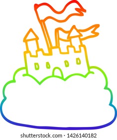 rainbow gradient line drawing of a cartoon castle on cloud