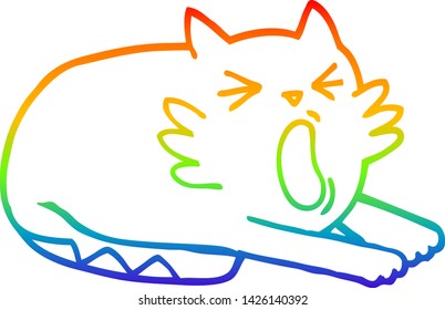 rainbow gradient line drawing of a cartoon yawning cat