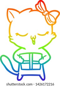 rainbow gradient line drawing of a cartoon girl cat with christmas present