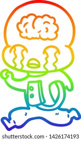 rainbow gradient line drawing of a cartoon big brain alien crying running