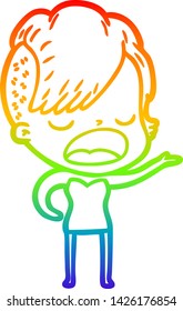 arco-íris gradiente linha desenho de um desenho de desenho animado menina hipster legal falando