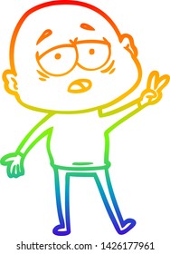 rainbow gradient line drawing of a cartoon tired bald man