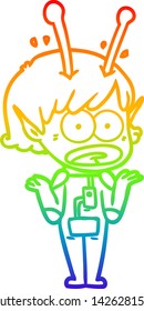rainbow gradient line drawing of a cartoon shocked alien girl
