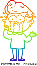 rainbow gradient line drawing of a cartoon worried crying man