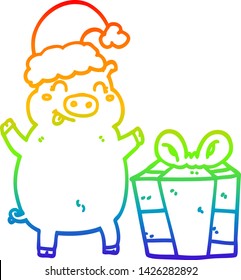 rainbow gradient line drawing of a cartoon happy christmas pig