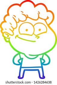 dibujo de una línea de gradiente de arco iris de un hombre feliz con dibujos animados