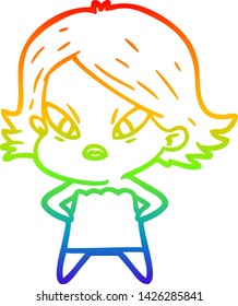 rainbow gradient line drawing of a cartoon stressed woman