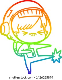 rainbow gradient line drawing of a cartoon astronaut woman
