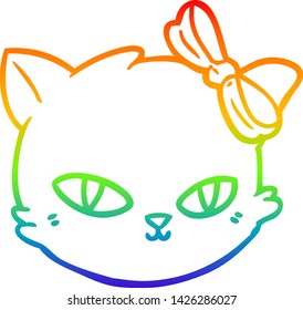 rainbow gradient line drawing of a cartoon cat wearing bow