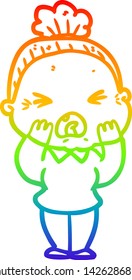 rainbow gradient line drawing of a cartoon angry old woman