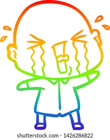 rainbow gradient line drawing of a cartoon crying bald man