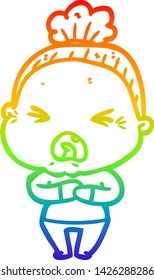 rainbow gradient line drawing of a cartoon angry old woman