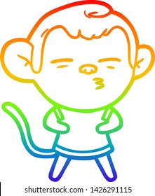 dibujo de una línea de gradiente arco iris de un mono sospechoso de la caricatura