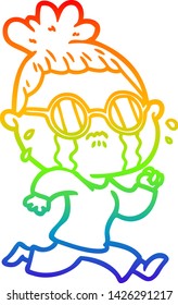 rainbow gradient line drawing of a cartoon crying woman wearing spectacles