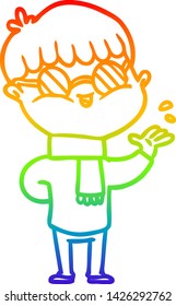 desenho de linha de gradiente do arco-íris de um menino de desenho animado usando óculos