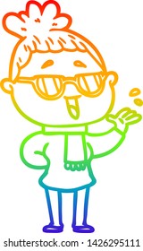 rainbow gradient line drawing of a cartoon happy woman wearing spectacles