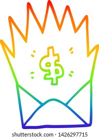 rainbow gradient line drawing of a cartoon unexpected pay check
