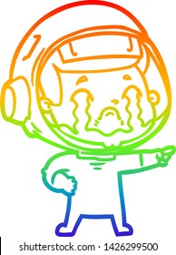 rainbow gradient line drawing of a cartoon crying astronaut