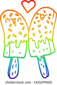 rainbow gradient line drawing of a cartoon ice lolly in love
