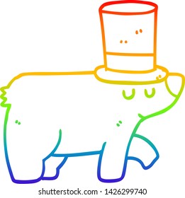 rainbow gradient line drawing of a cartoon bear wearing top hat
