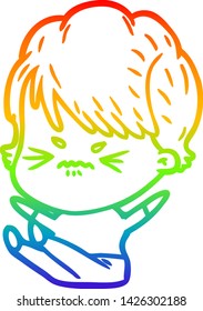 rainbow gradient line drawing of a cartoon frustrated woman