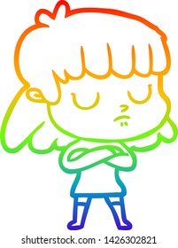 rainbow gradient line drawing of a cartoon indifferent woman