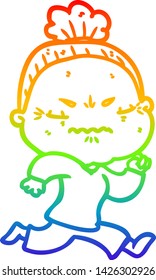 rainbow gradient line drawing of a cartoon annoyed old lady