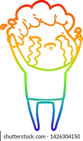 rainbow gradient line drawing of a cartoon man crying