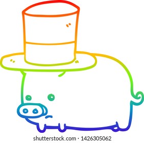 dibujo de una línea de gradiente de arco iris de un cerdo de dibujos animados con sombrero superior