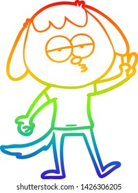 rainbow gradient line drawing of a cartoon tired dog giving peace sign