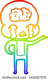 rainbow gradient line drawing of a cartoon big brain alien crying