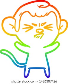 dibujo de una línea de gradiente de arco iris de un mono molesto de caricatura