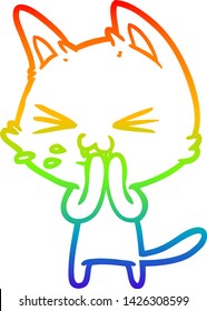 Regenbogen-Farbverlauf-Zeichnung einer Cartoon Katze beim Hüssen