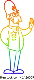 rainbow gradient line drawing of a cartoon policeman making stop gesture