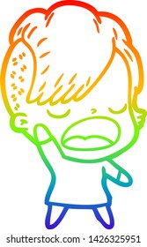 rainbow gradient line drawing of a cartoon cool hipster girl talking