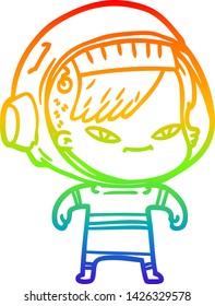 rainbow gradient line drawing of a cartoon astronaut woman