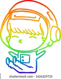 rainbow gradient line drawing of a cartoon curious astronaut