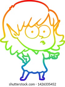 rainbow gradient line drawing of a cartoon elf girl staring