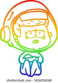 rainbow gradient line drawing of a cartoon tired astronaut