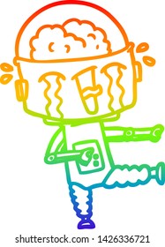 dibujo de una línea de gradiente arco iris de un robot llorando de caricatura apuntando