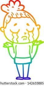 rainbow gradient line drawing of a cartoon crying woman shrugging