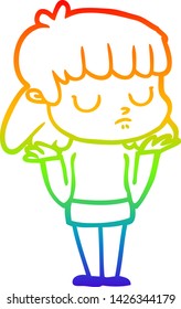 rainbow gradient line drawing of a cartoon indifferent woman