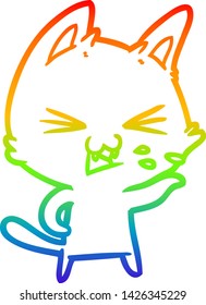 rainbow gradient line drawing of a cartoon cat hissing