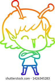 dibujo de la línea de gradiente del arco iris de una chica alienígena feliz con dibujos animados