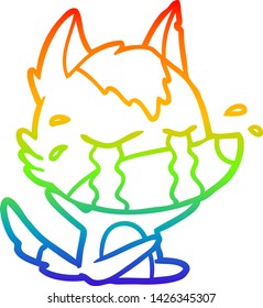 rainbow gradient line drawing of a cartoon crying wolf