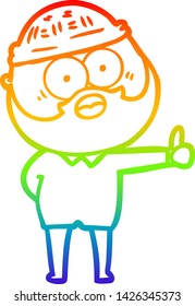 dibujo de una línea de gradiente de arco iris de un hombre barbudo de dibujos animados que da pulgares hacia arriba